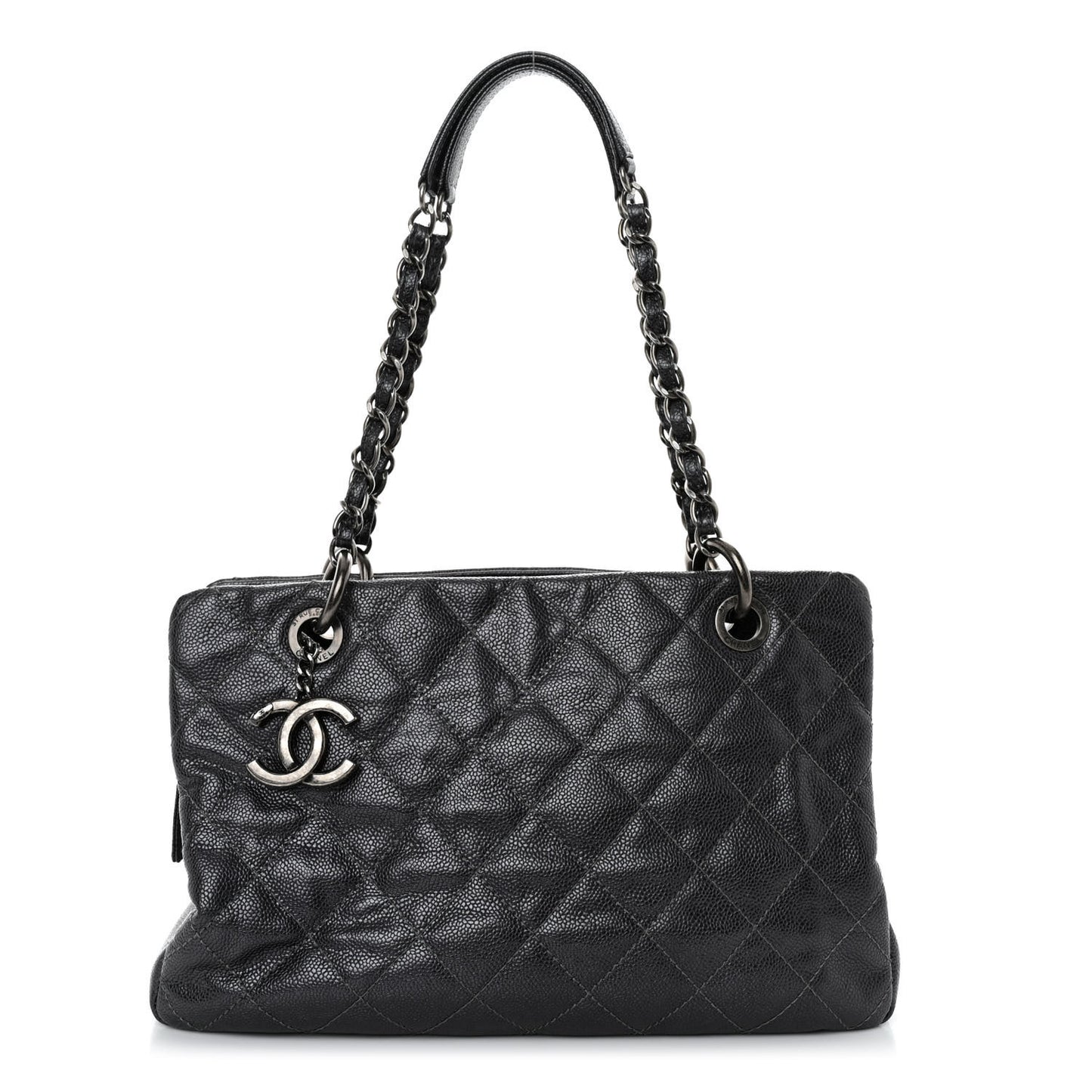 Iridescent Caviar Quilted Chic Shopping Tote Silver