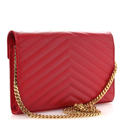 Saint Laurent Grain De Poudre Matelasse Chevron Monogram Chain Wallet Red 3 of 15