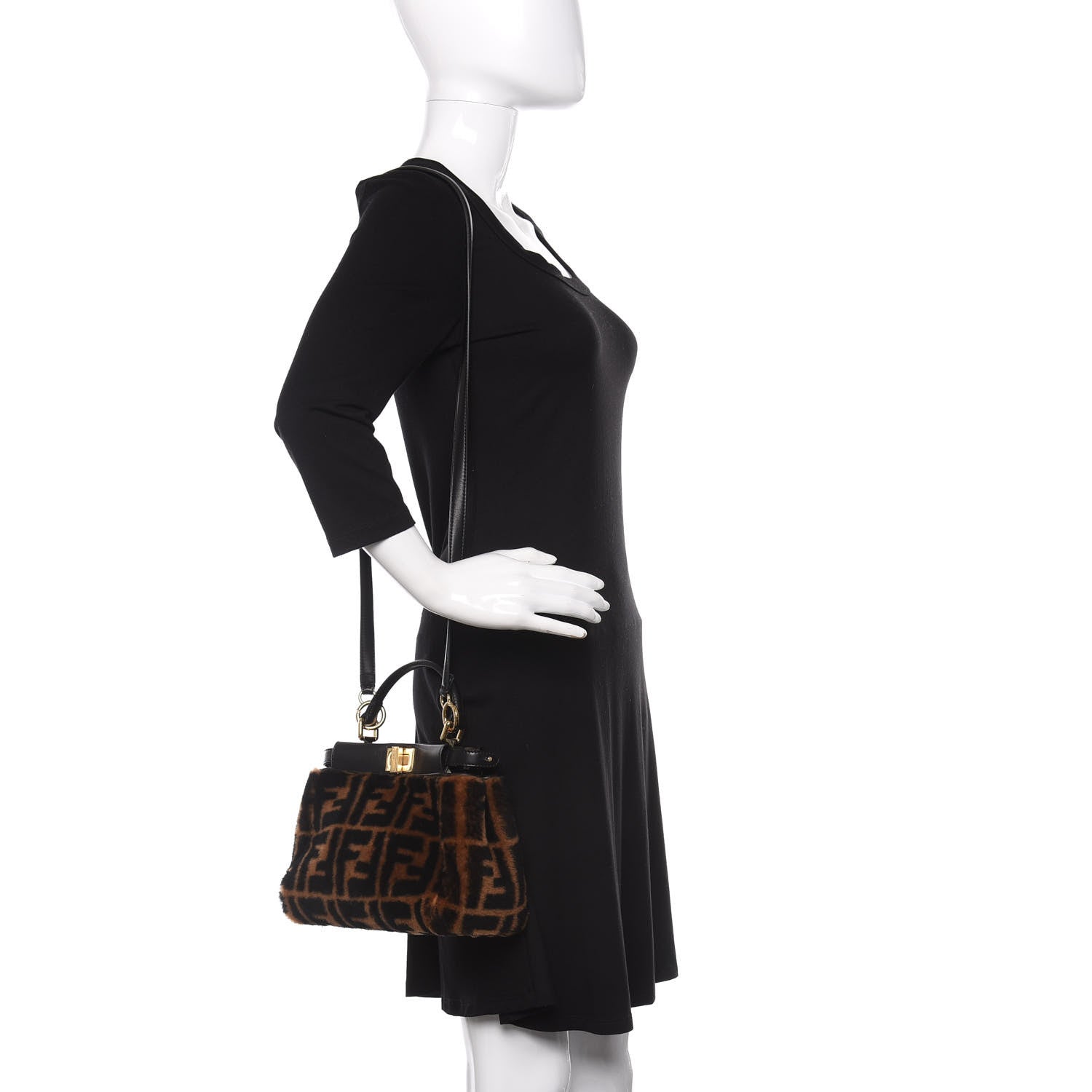 Fendi Shearling Nappa Macro FF 1974 Mini Peekaboo Iconic Satchel Tobacco Black 2 of 9