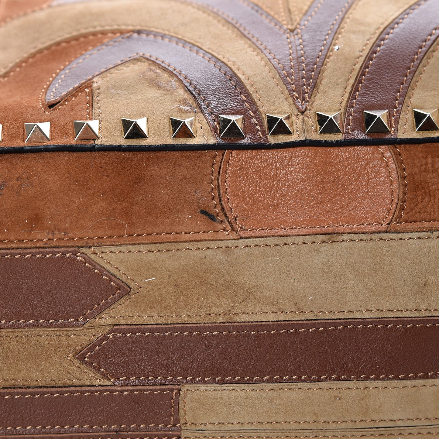 Calfskin Canvas Patchwork Medium Rockstud Reversible Tote Brown