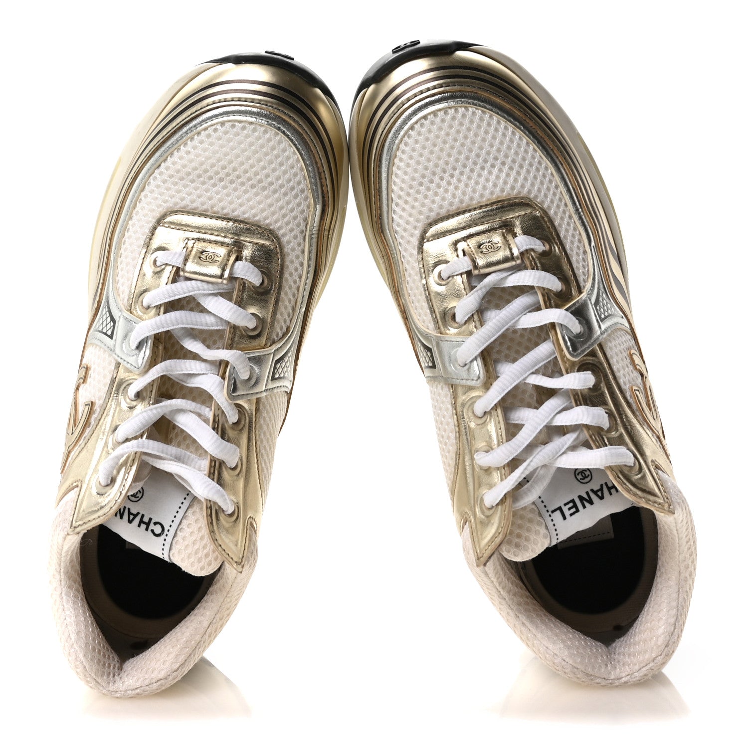 Chanel Fabric Laminated Calfskin Stretch CC Sneakers 39 White Gold