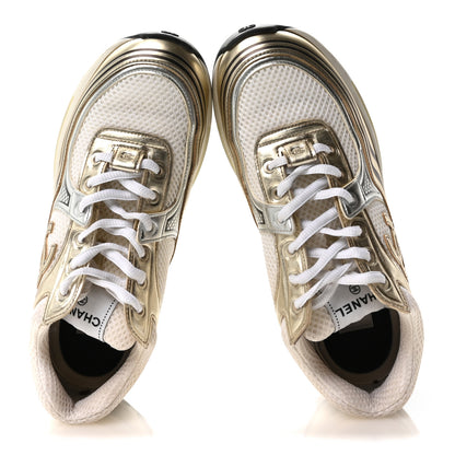 Chanel Fabric Laminated Calfskin Stretch CC Sneakers 39 White Gold Silver 2 of 8