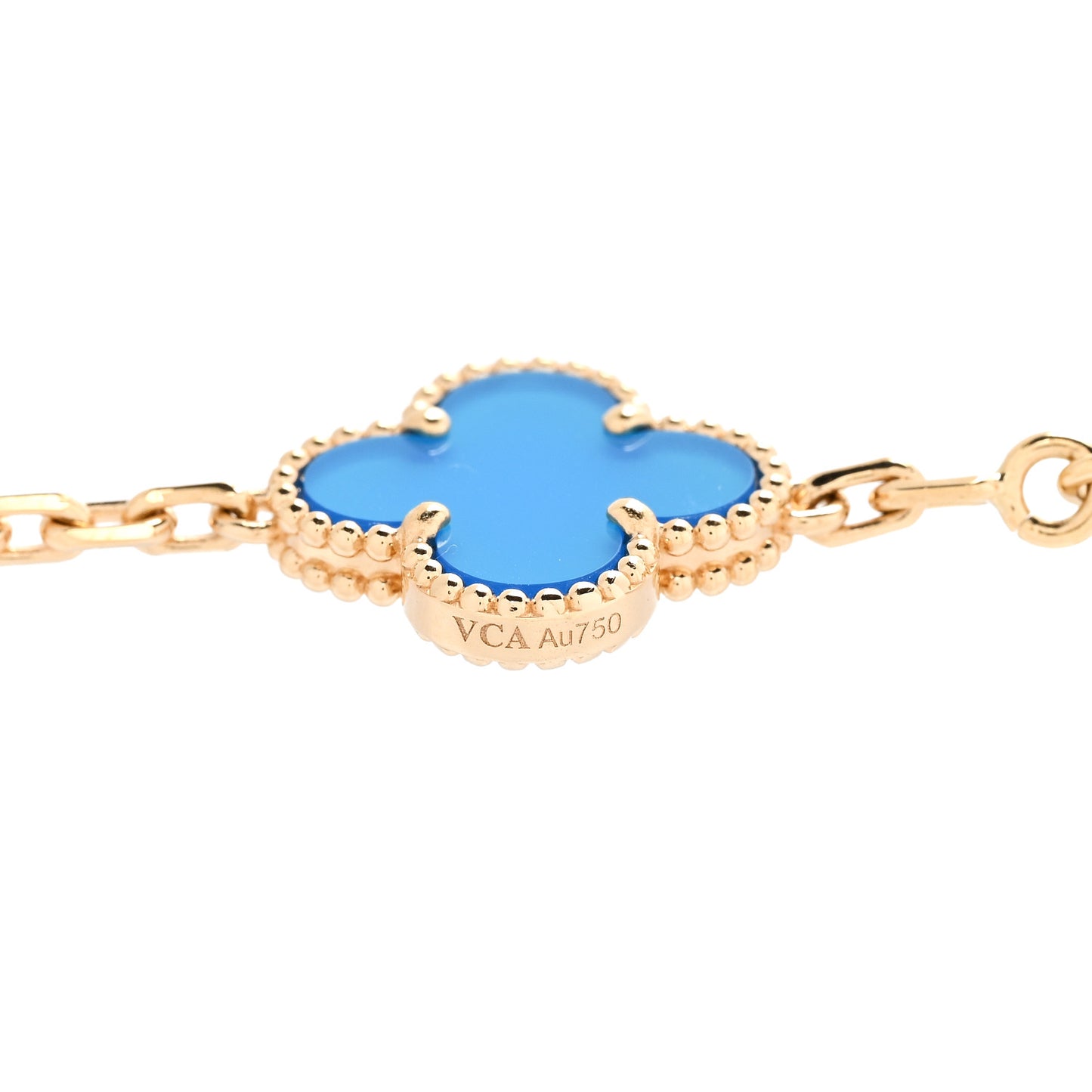 18K Yellow Gold Blue Agate 10 Motifs Vintage Alhambra Necklace