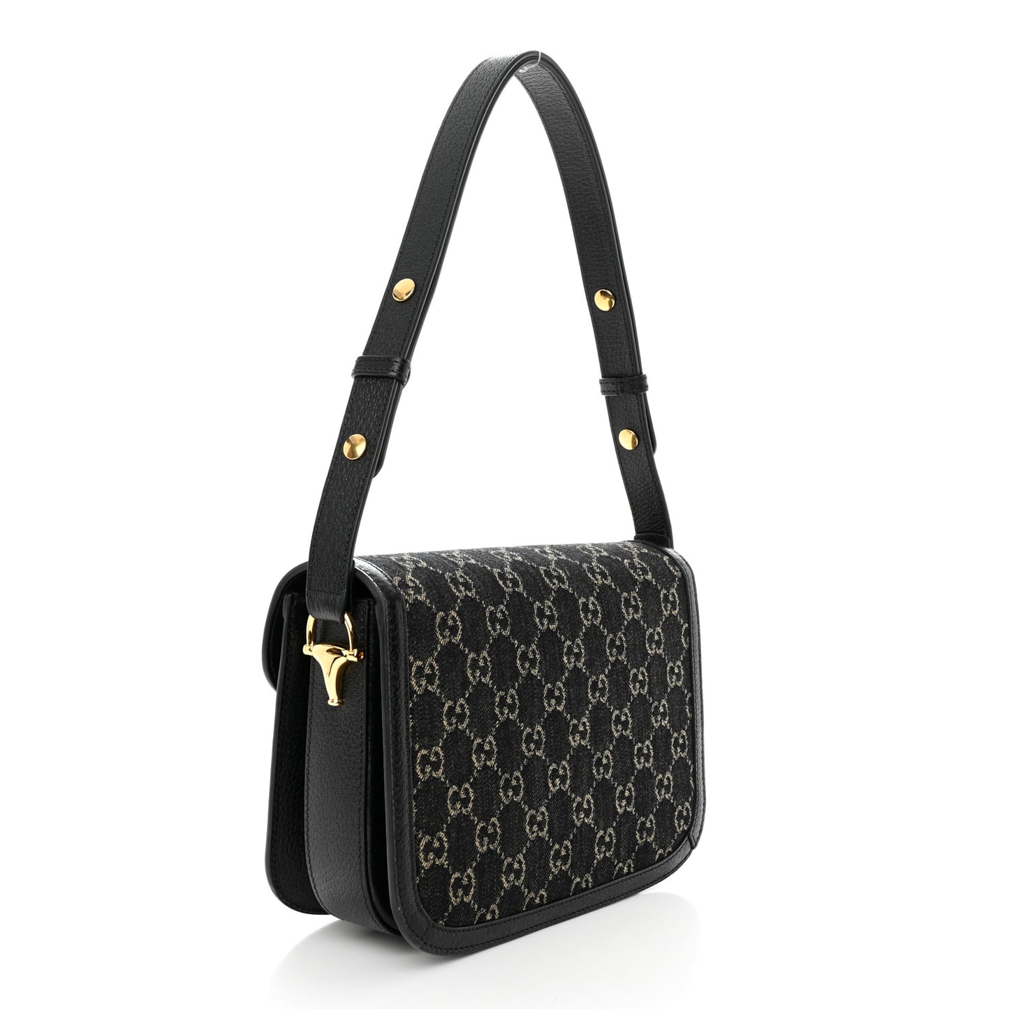 Jacquard Black Denim GG Monogram Textured Dollar Calfskin Horsebit 1955 Shoulder Bag Black Ivory