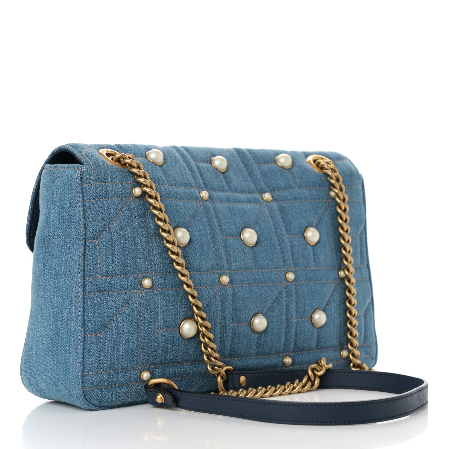 Gucci Kura Denim Matelasse Cubic Pearl Studded Medium GG Marmont Shoulder Bag Blue 3 of 10