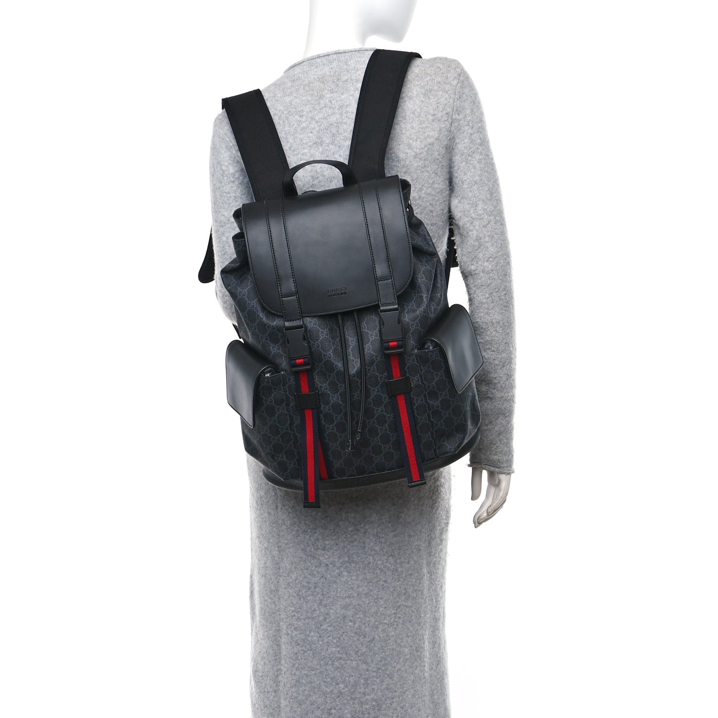 Soft GG Supreme Monogram Calfskin Web Double Buckle Backpack Black