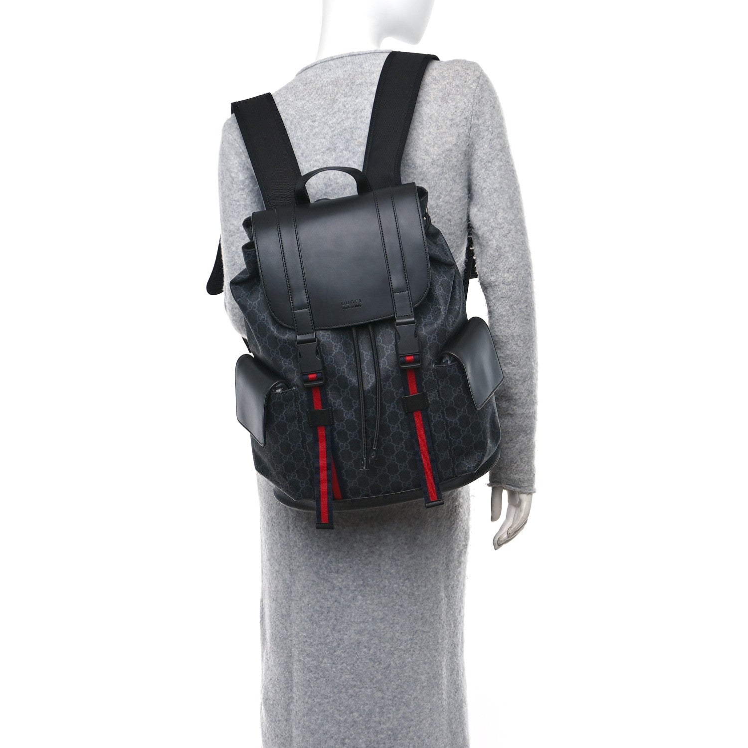 Gucci Soft GG Supreme Monogram Calfskin Web Double Buckle Backpack Black 2 of 10