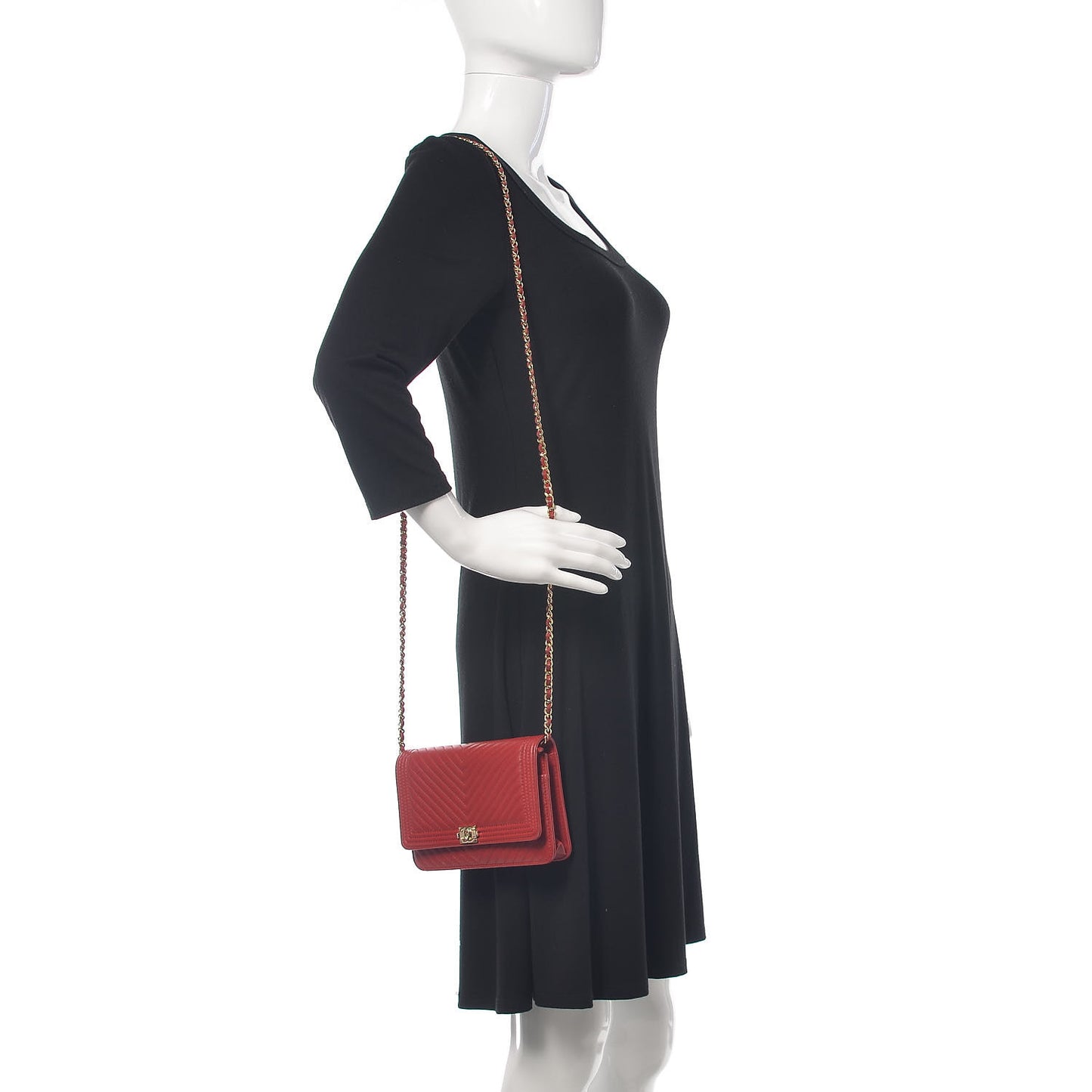 Lambskin Chevron Quilted Boy Wallet On Chain WOC Red