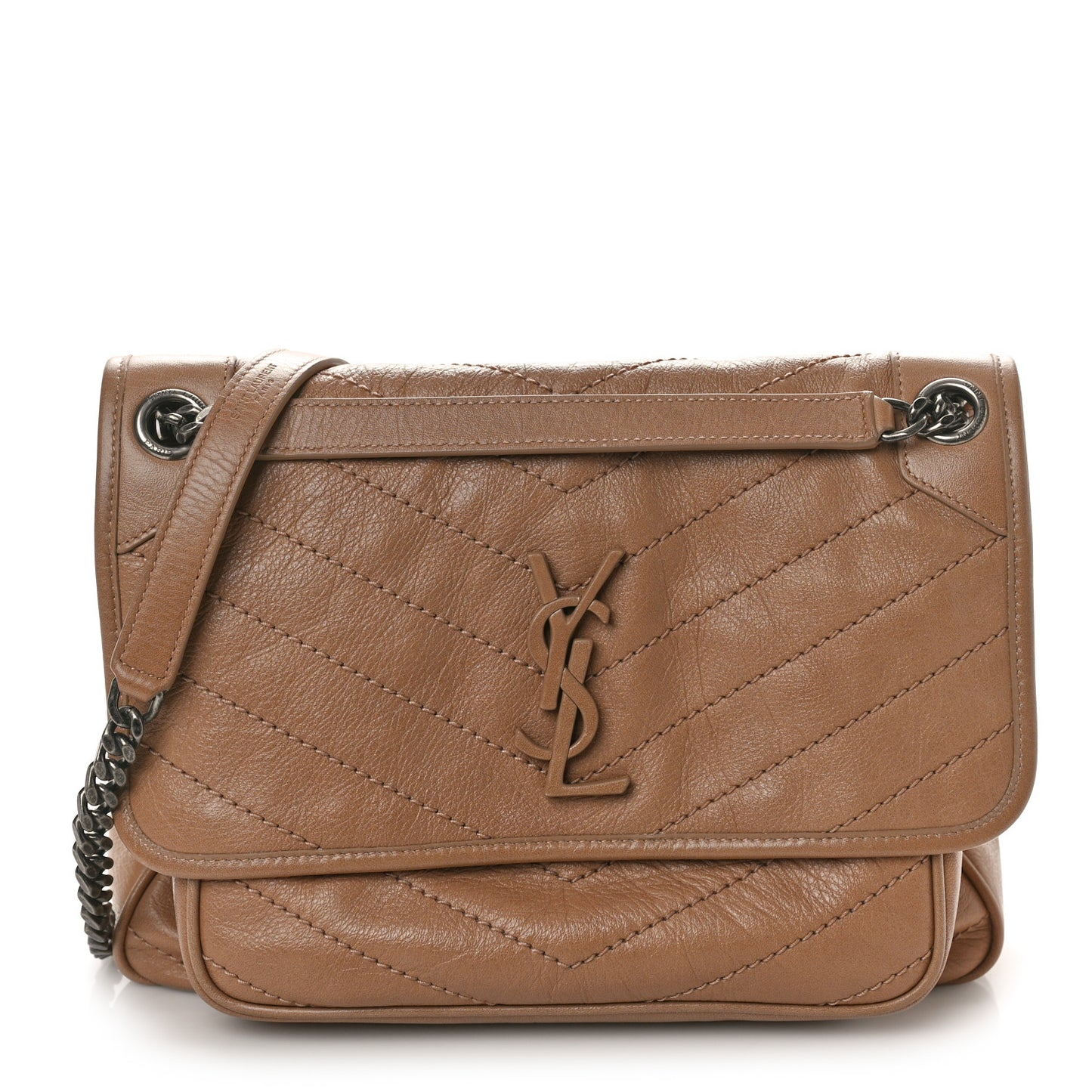 Crinkled Calfskin Matelasse Monogram Medium Niki Chain Satchel Dark Toffee