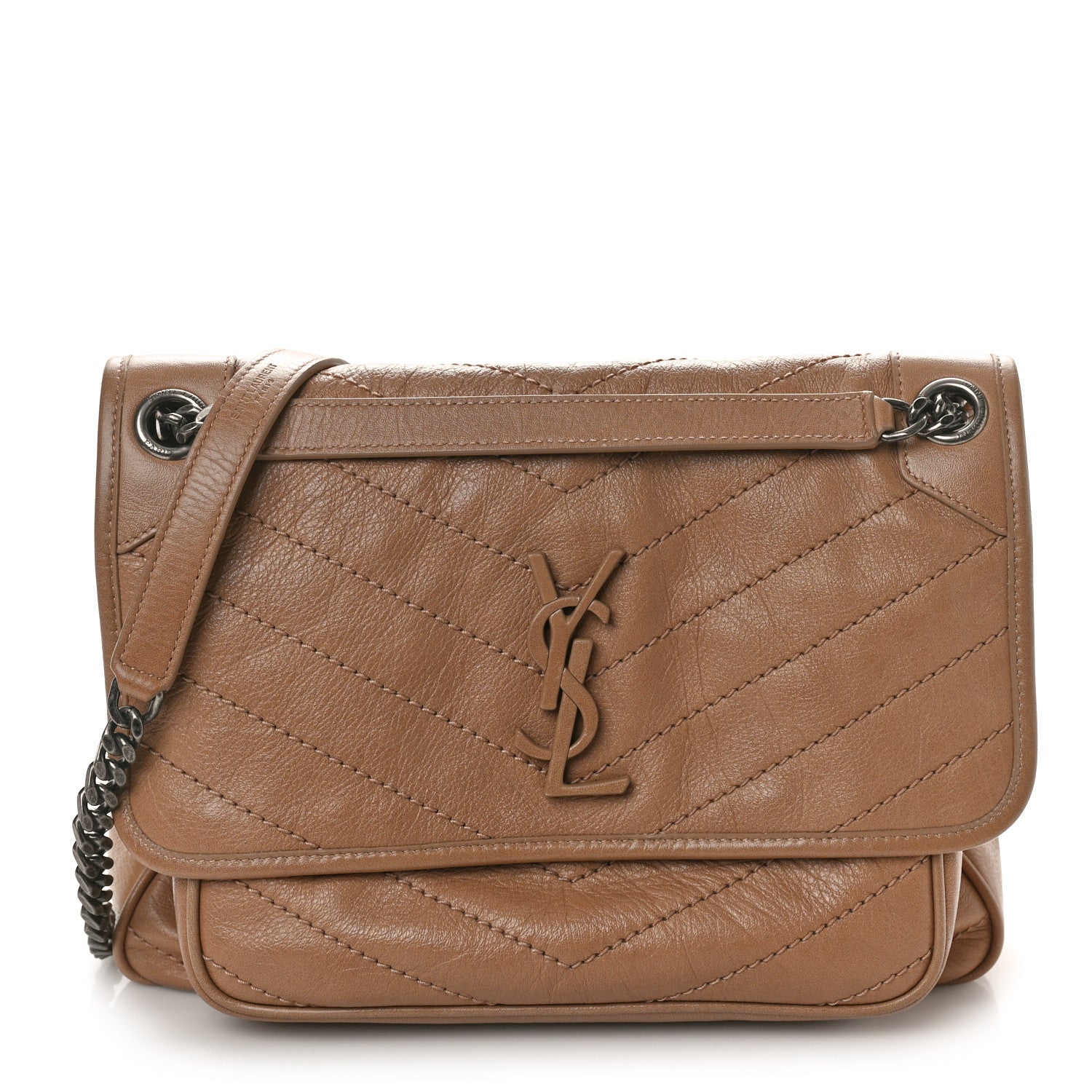 Saint Laurent Crinkled Calfskin Matelasse Monogram Medium Niki Chain Satchel Dark Toffee 1 of 11