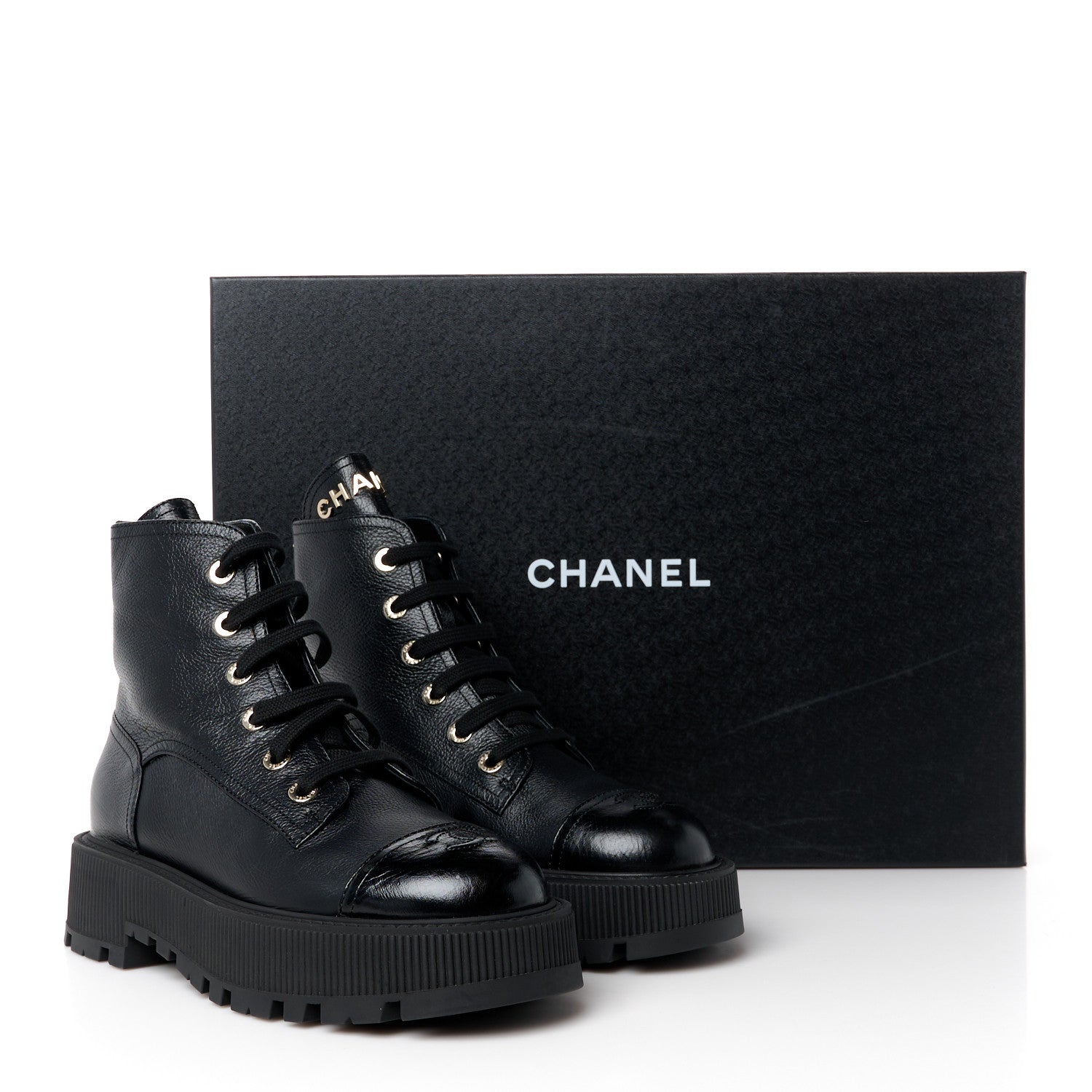 Chanel Grained Calfskin Shiny Calfskin CC Lace Up Combat Boots 39 Black 10 of 10