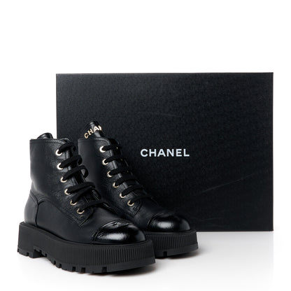 Chanel Grained Calfskin Shiny Calfskin CC Lace Up Combat Boots 39 Black 10 of 10