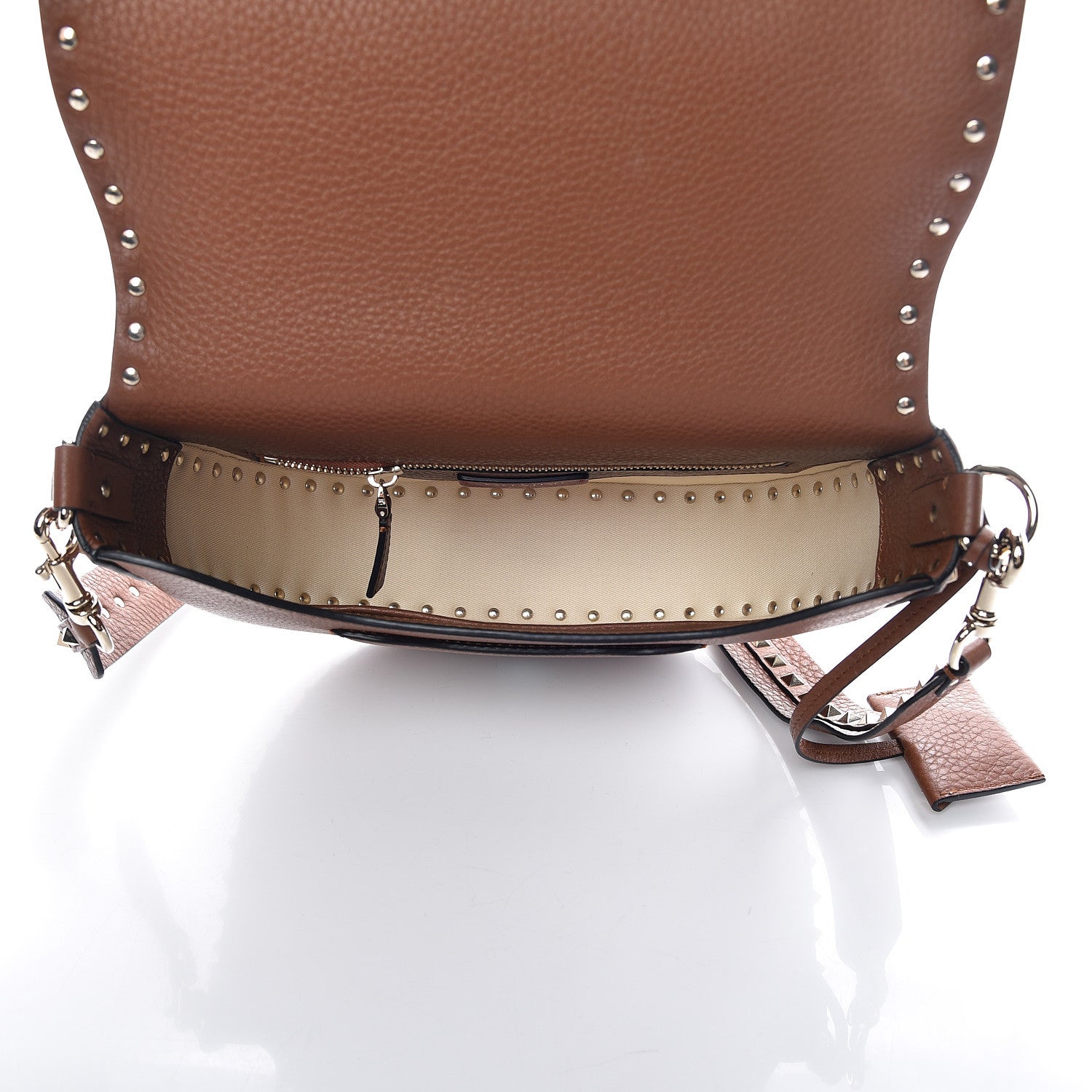 Valentino Garavani Calfskin Large Rockstud Halfmoon Saddle Bag Tan 8 of 10