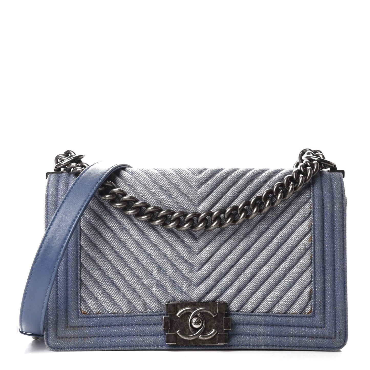 Denim Chevron Quilted Medium Boy Flap Blue