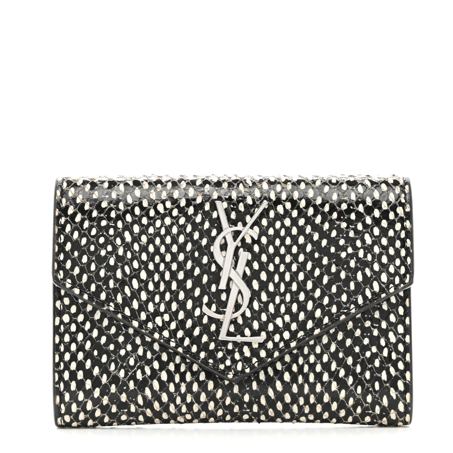 Saint Laurent Calfskin Lambskin Snakeskin Embossed Small Monogram Envelope Wallet Black White 1 of 9