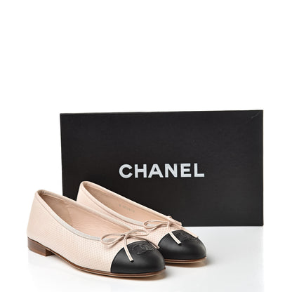 Chanel Lambskin Perforated Cap Toe Ballerina Flats 36 Beige Black 10 of 10
