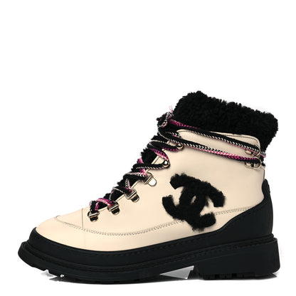 Chanel Calfskin Shearling CC Lace Up Boots 38.5 Black White 1 of 7