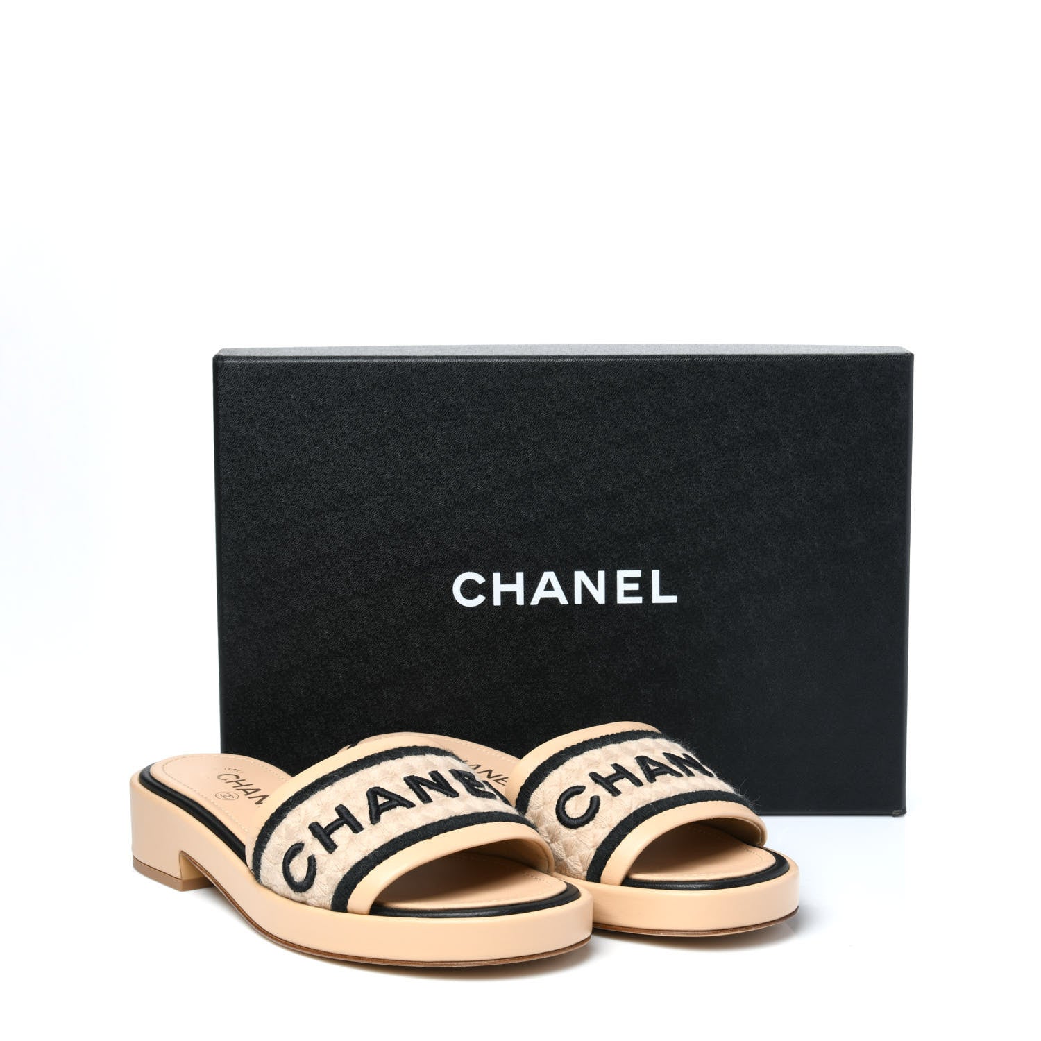 Chanel Lambskin Embroidered Logo Mules 36.5 Beige Black 9 of 9