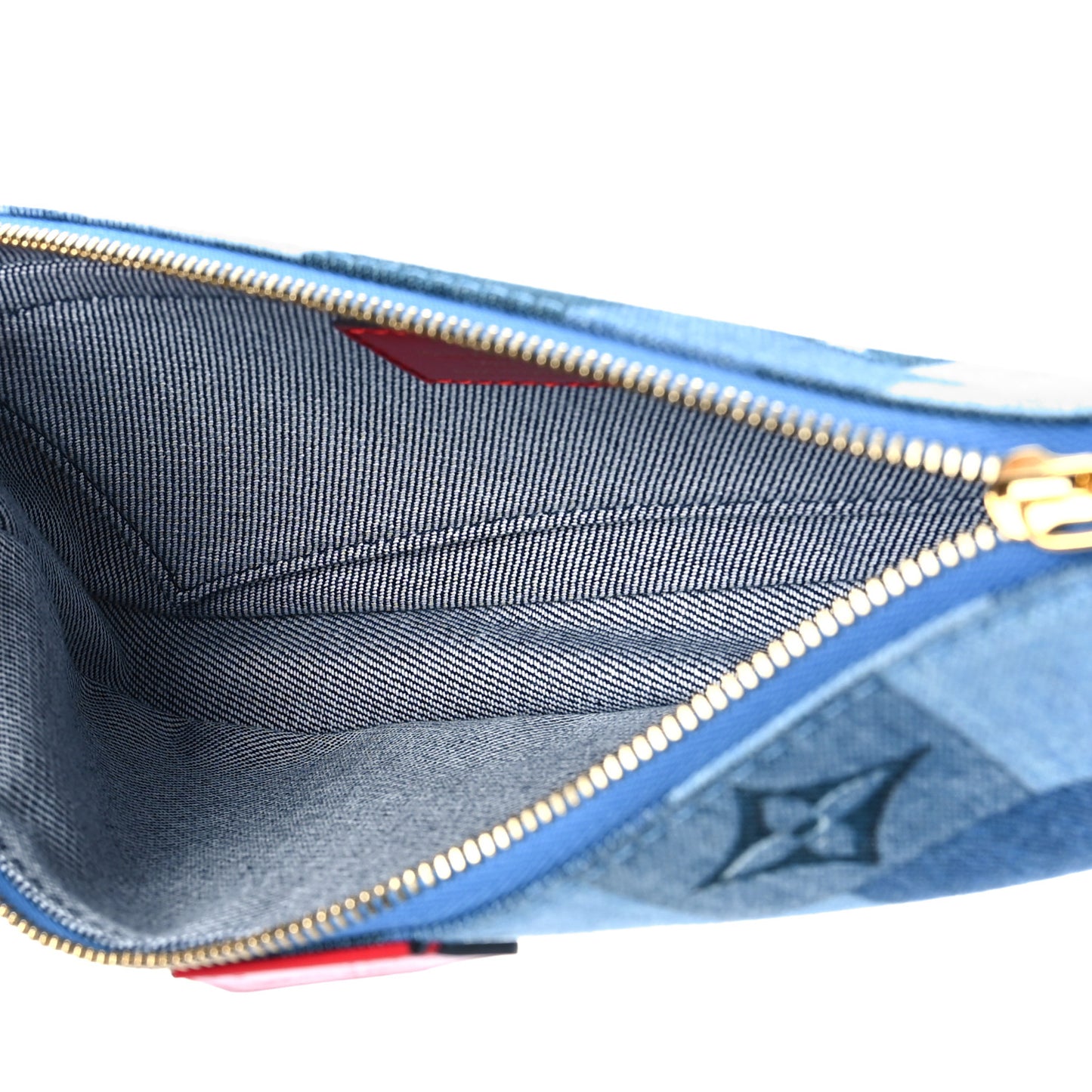 Denim Damier Monogram Patchwork Multi Pochette Accessories Blue Rouge