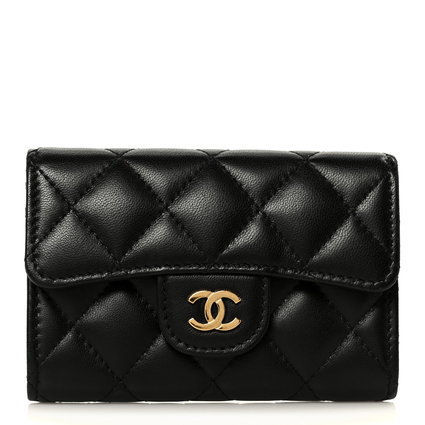 Lambskin Quilted Flap Card Holder Wallet Black