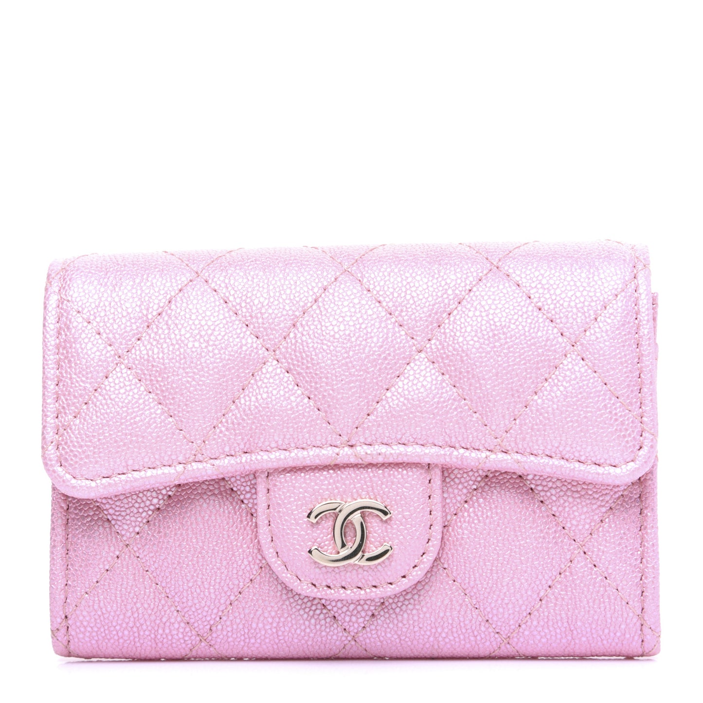 Iridescent Caviar Quilted Flap Card Holder Rose Pink