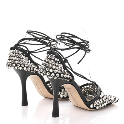 Bottega Veneta Mesh Nappa Crystal Embellished Sparkle Stretch Ankle Tie Sandals 38 Black 5 of 12
