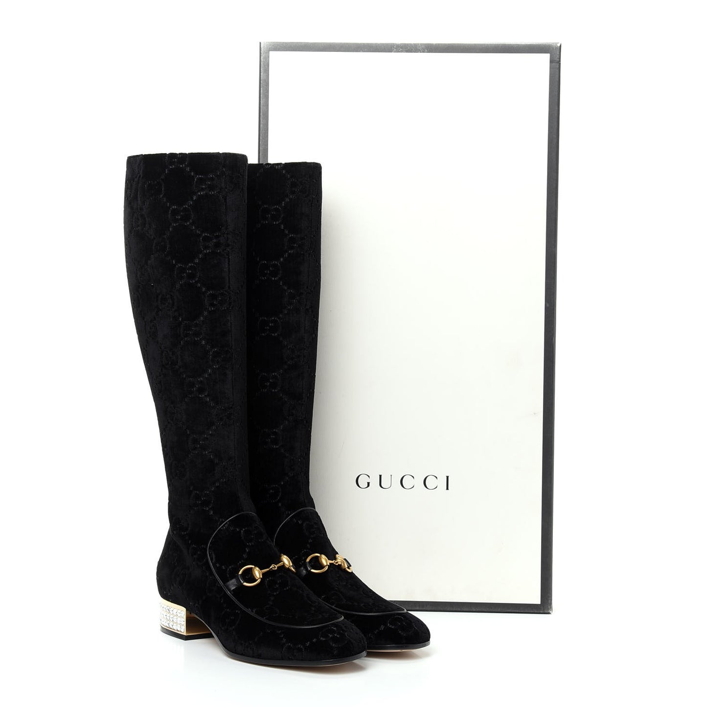 Velvet GG Monogram Crystal Horsebit Knee High Boots 40 Black