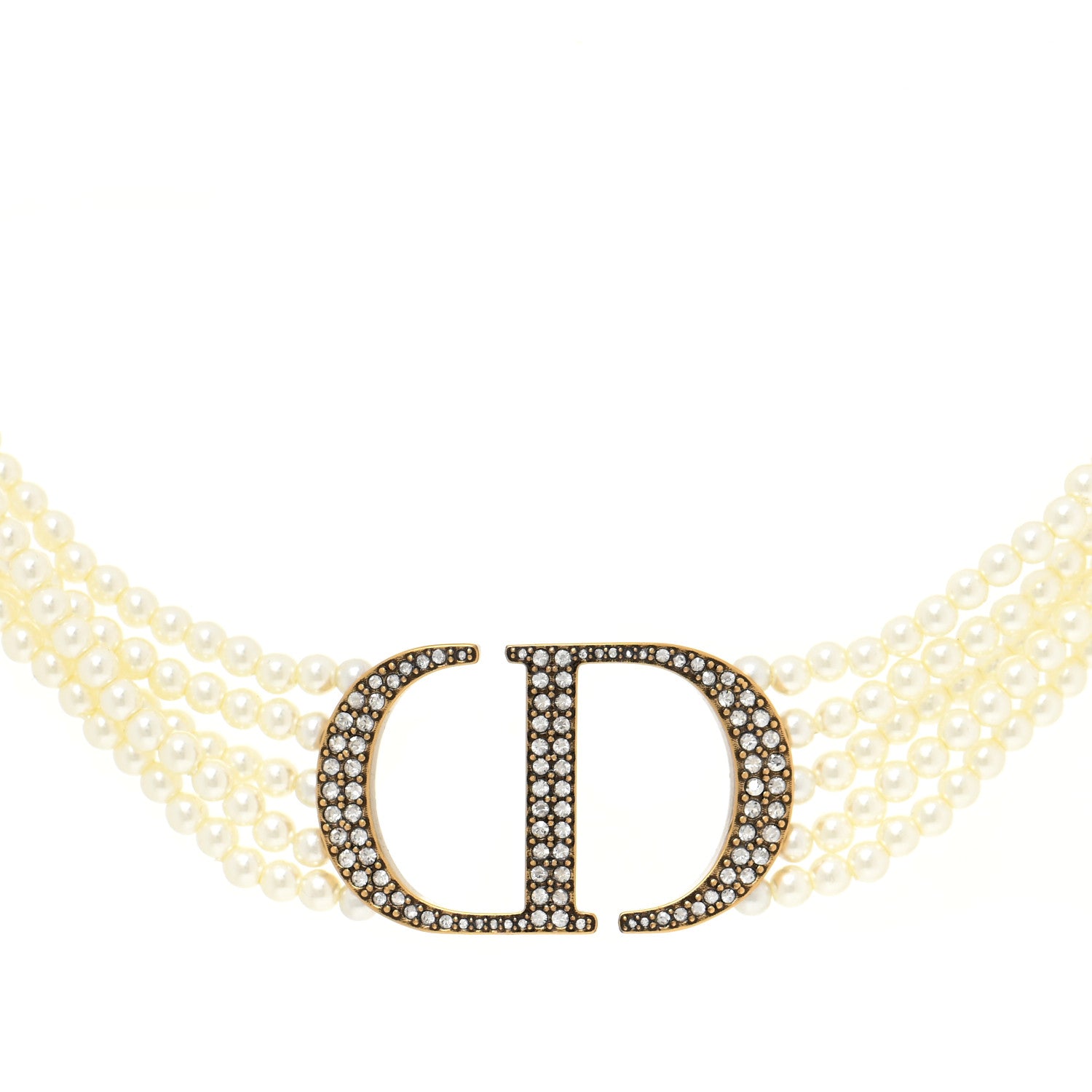 Christian Dior Pearl Crystal CD Choker Necklace Gold 1 of 4