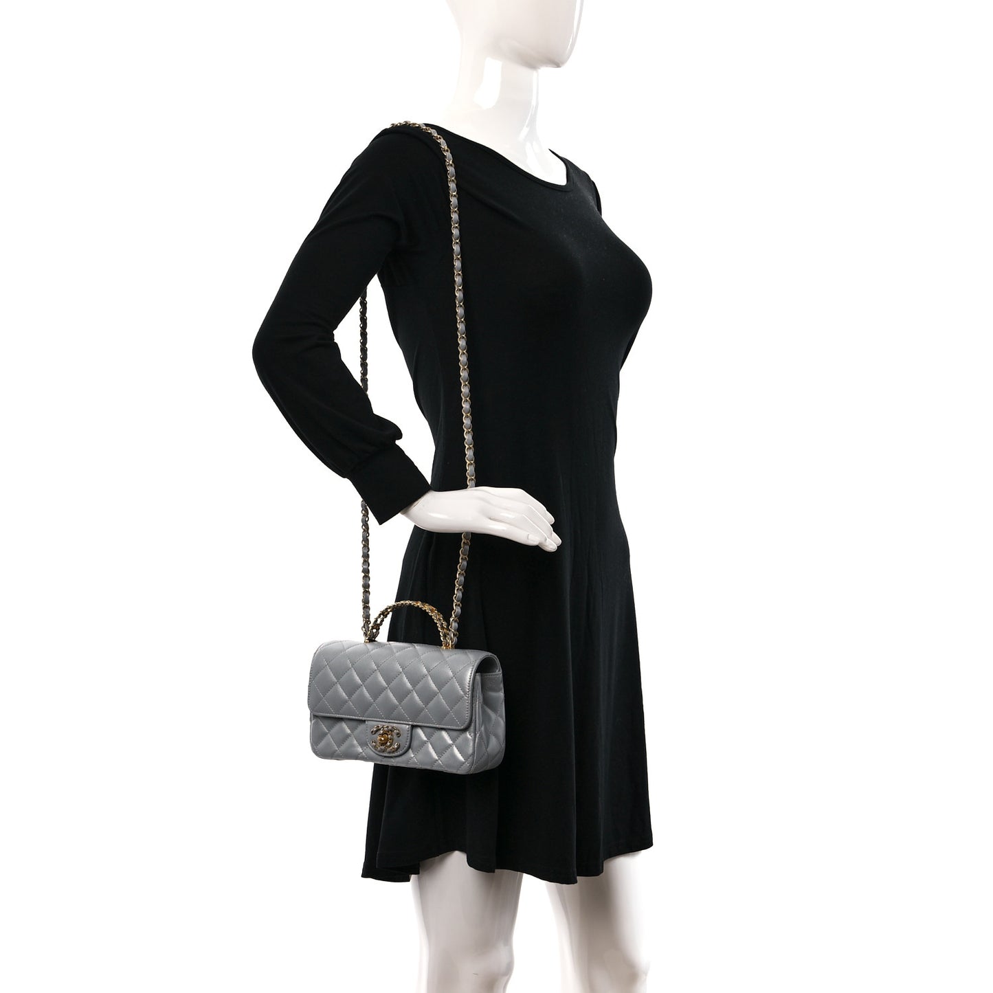 Metallic Lambskin Quilted Mini Strass On Top Flap Silvery
