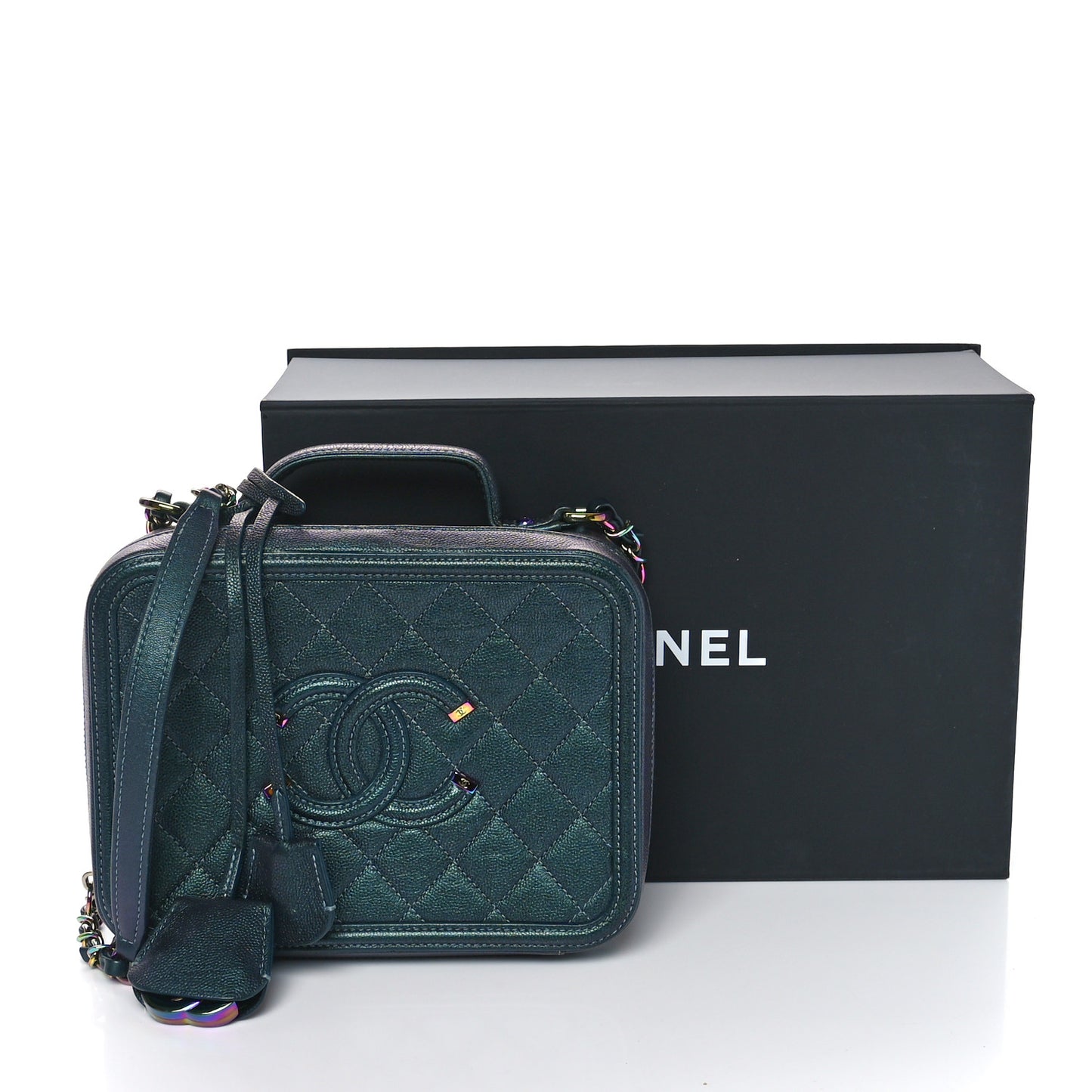 Iridescent Caviar Quilted Medium CC Filigree Vanity Case Dark Turquoise