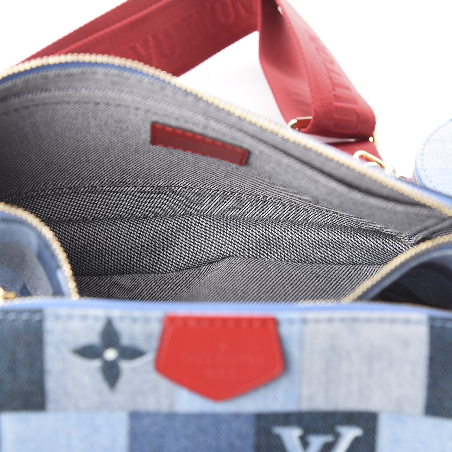 Denim Damier Monogram Patchwork Multi Pochette Accessories Blue Rouge