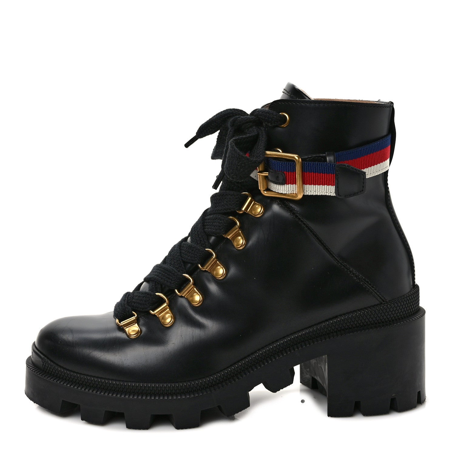 Gucci Calfskin Sylvie Web Lace Up Combat Boots 36.5 Black 1 of 8
