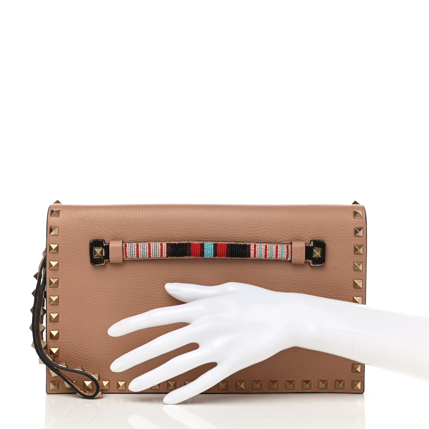 Pebbled Calfskin Beaded Rockstud Wristlet Clutch Soft Noisette