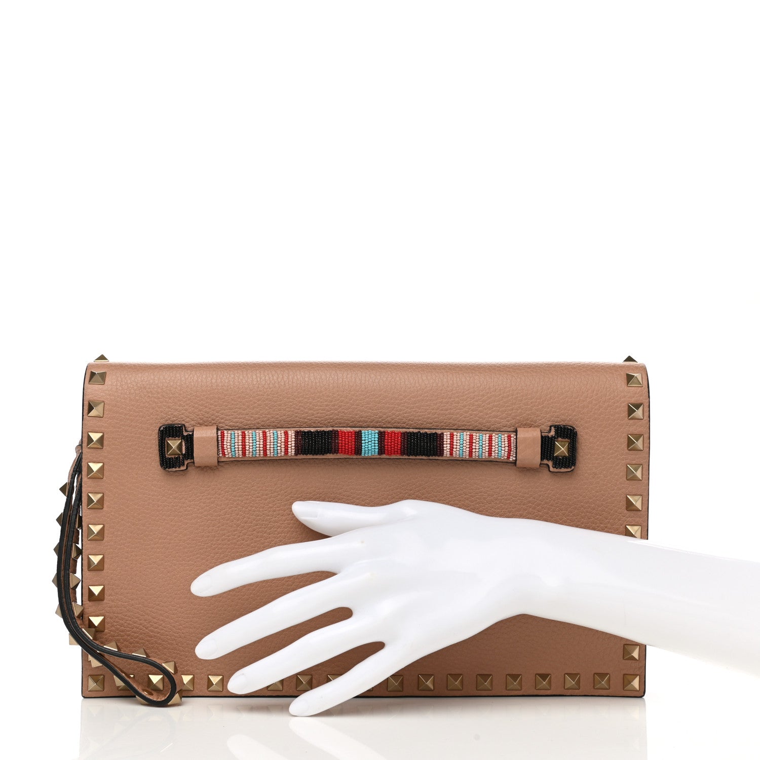 Valentino Garavani Pebbled Calfskin Beaded Rockstud Wristlet Clutch Soft Noisette 2 of 10