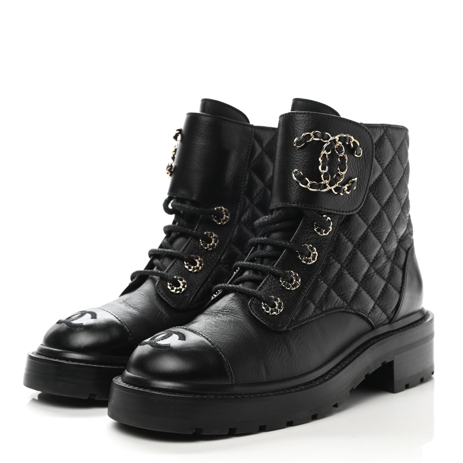 Chanel Shiny Goatskin Calfskin Quilted Lace Up Combat Boots 36 Black 3 of 10