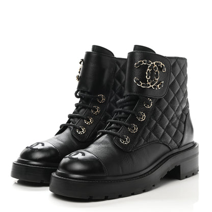 Chanel Shiny Goatskin Calfskin Quilted Lace Up Combat Boots 36 Black 3 of 10