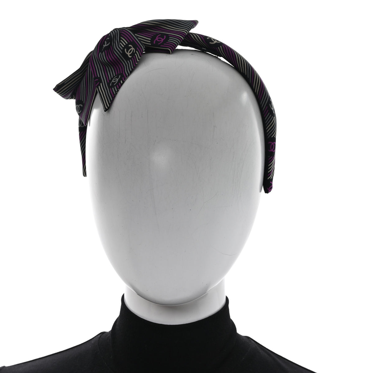 Chanel Silk Striped Bow CC Headband Black Fuchsia Grey Ecru 2 of 6