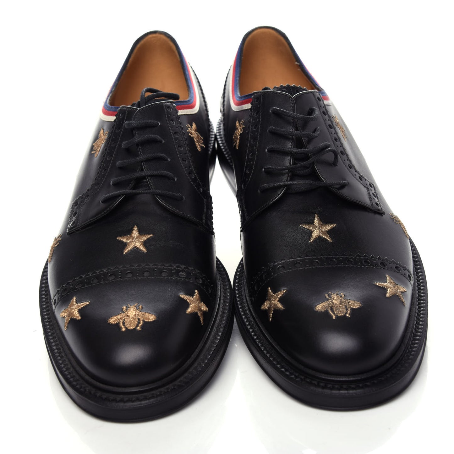 Calfskin Sylvie Web Bee Star Embroidered Mens Captoe Derby Loafers 9 Black