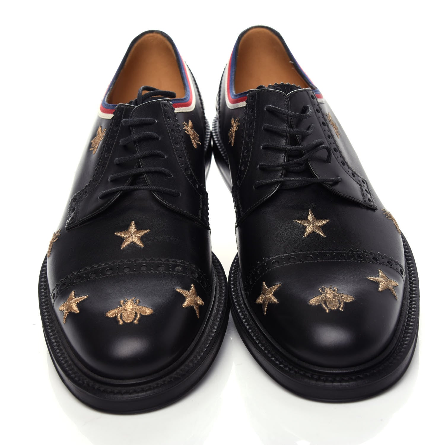Gucci Calfskin Sylvie Web Bee Star Embroidered Mens Captoe Derby Loafers 9 Black 5 of 11