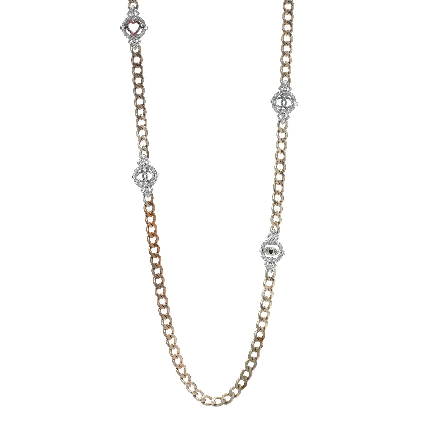 Chanel Crystal Eye Heart CC Chain Necklace Gold Gold Green Pink Blue 1 of 5