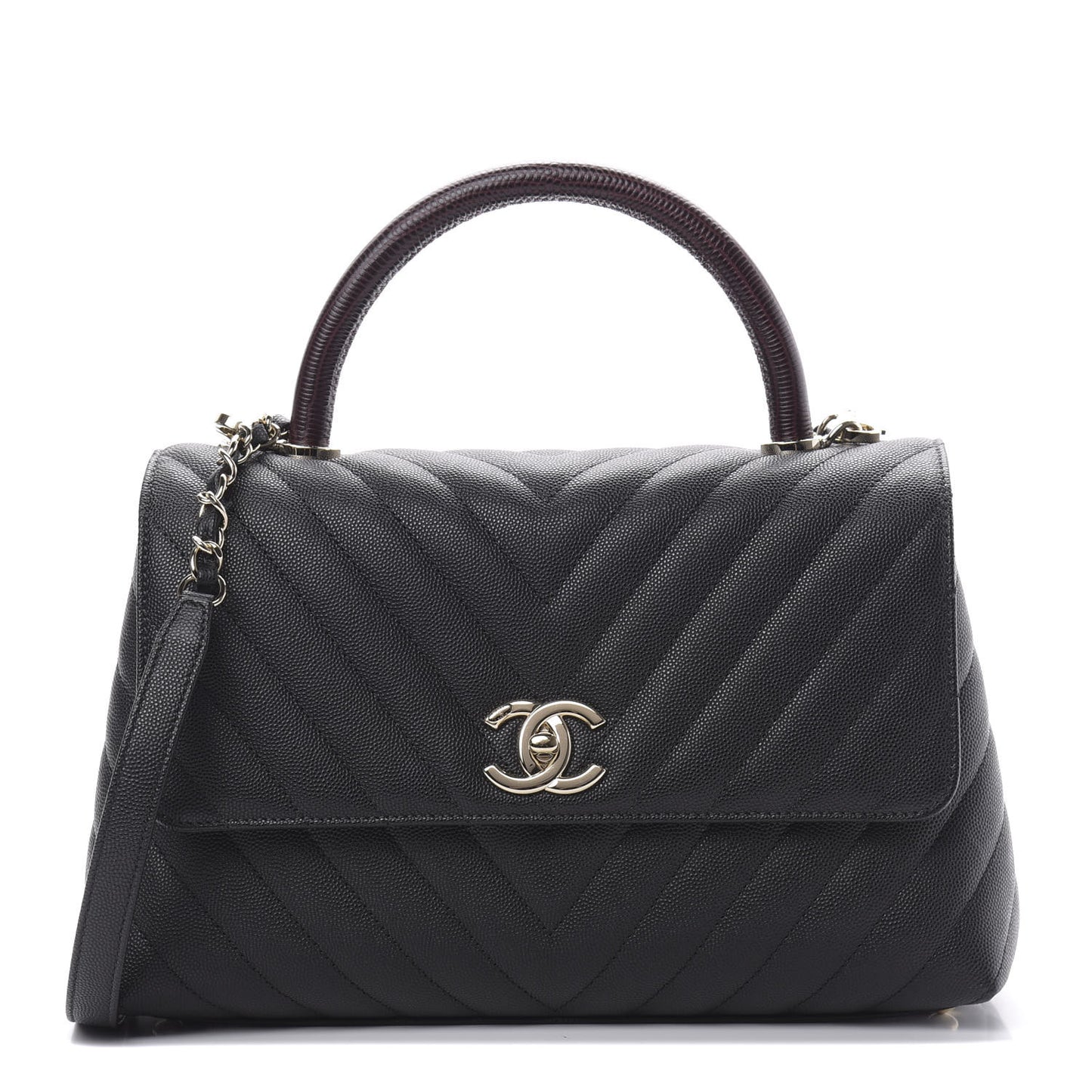 Caviar Lizard Embossed Chevron Quilted Medium Coco Handle Flap Black