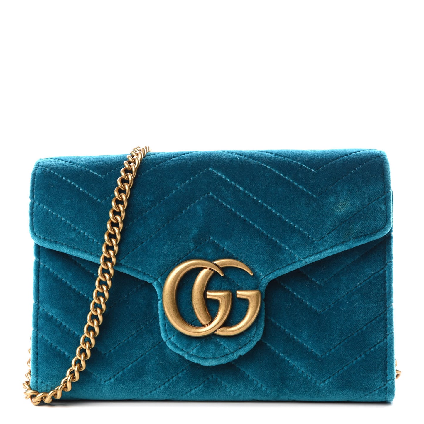 Velvet Matelasse GG Marmont Chain Wallet Pavone Cyan