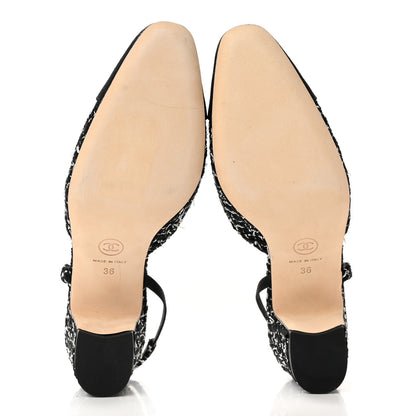 Chanel Tweed Grosgrain Cap Toe CC Slingback Pumps 36 Black White 7 of 11