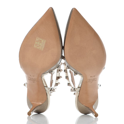 Valentino Garavani Metallic Pebbled Calfskin Patent Rockstud Ankle Strap 65mm Pumps 37.5 Skin 5 of 9