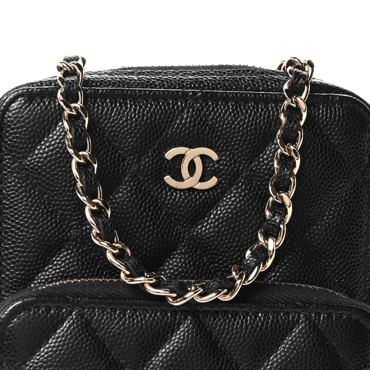 Caviar Quilted Phone Holder With Chain Black