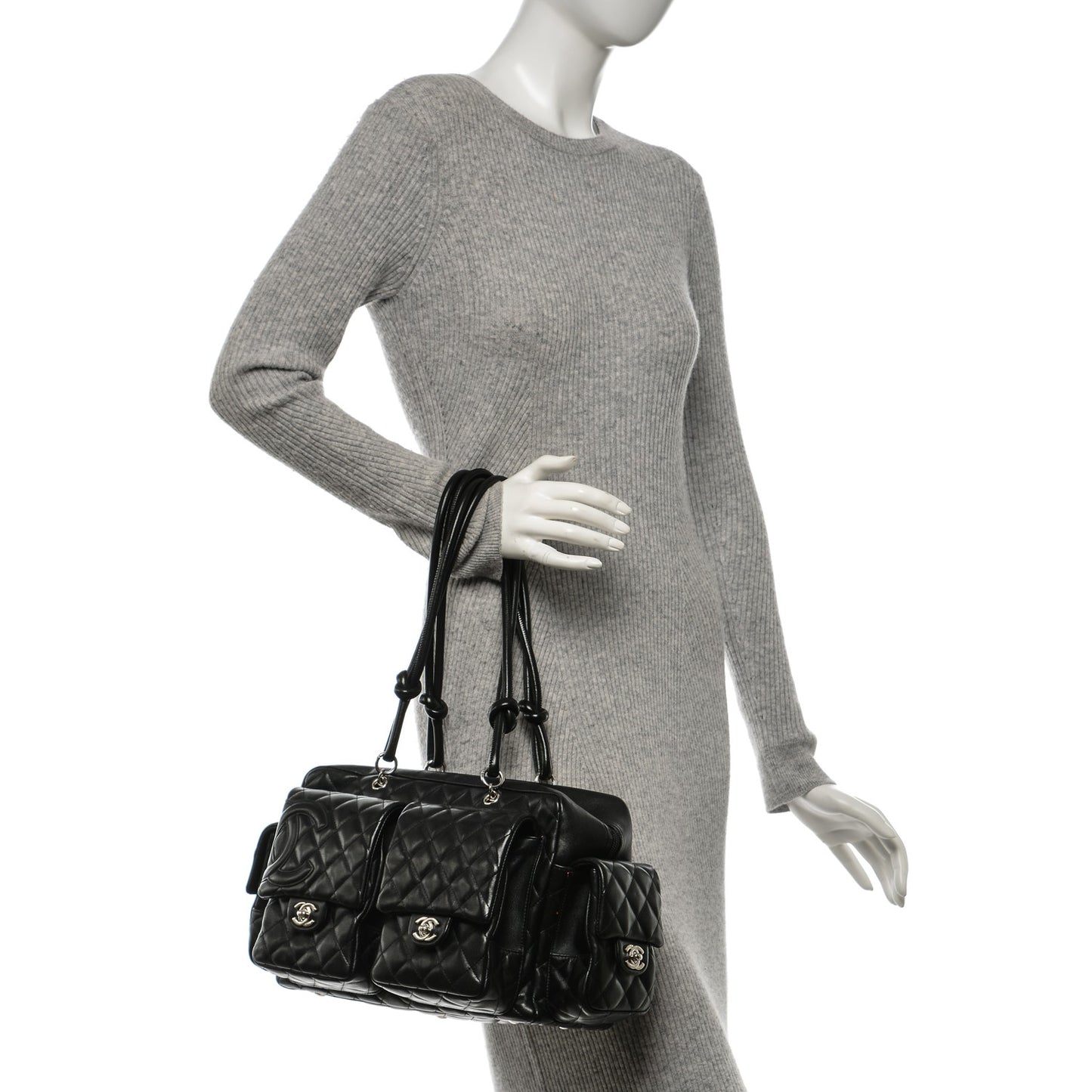 Calfskin Quilted Large Cambon Multipocket Reporter Black