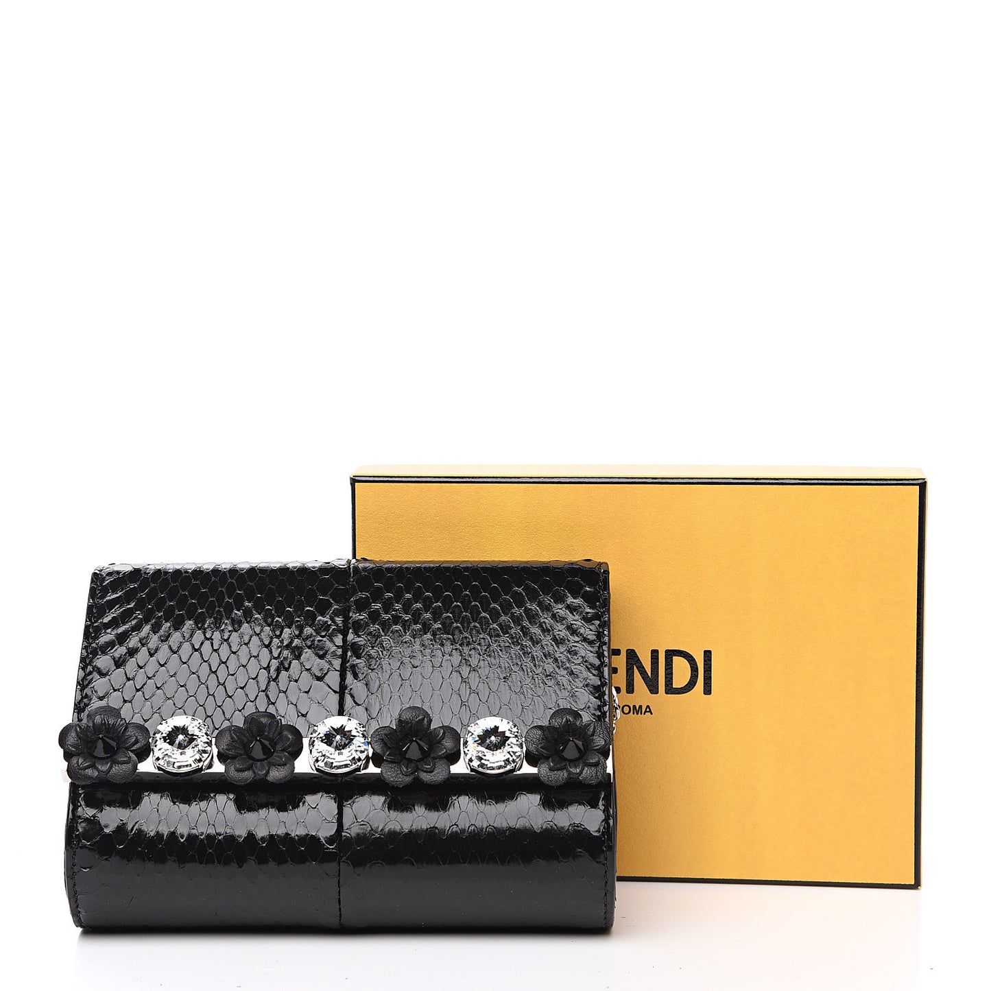 Snakeskin Crystal Flowerland Studded Mini Rush Clutch Black