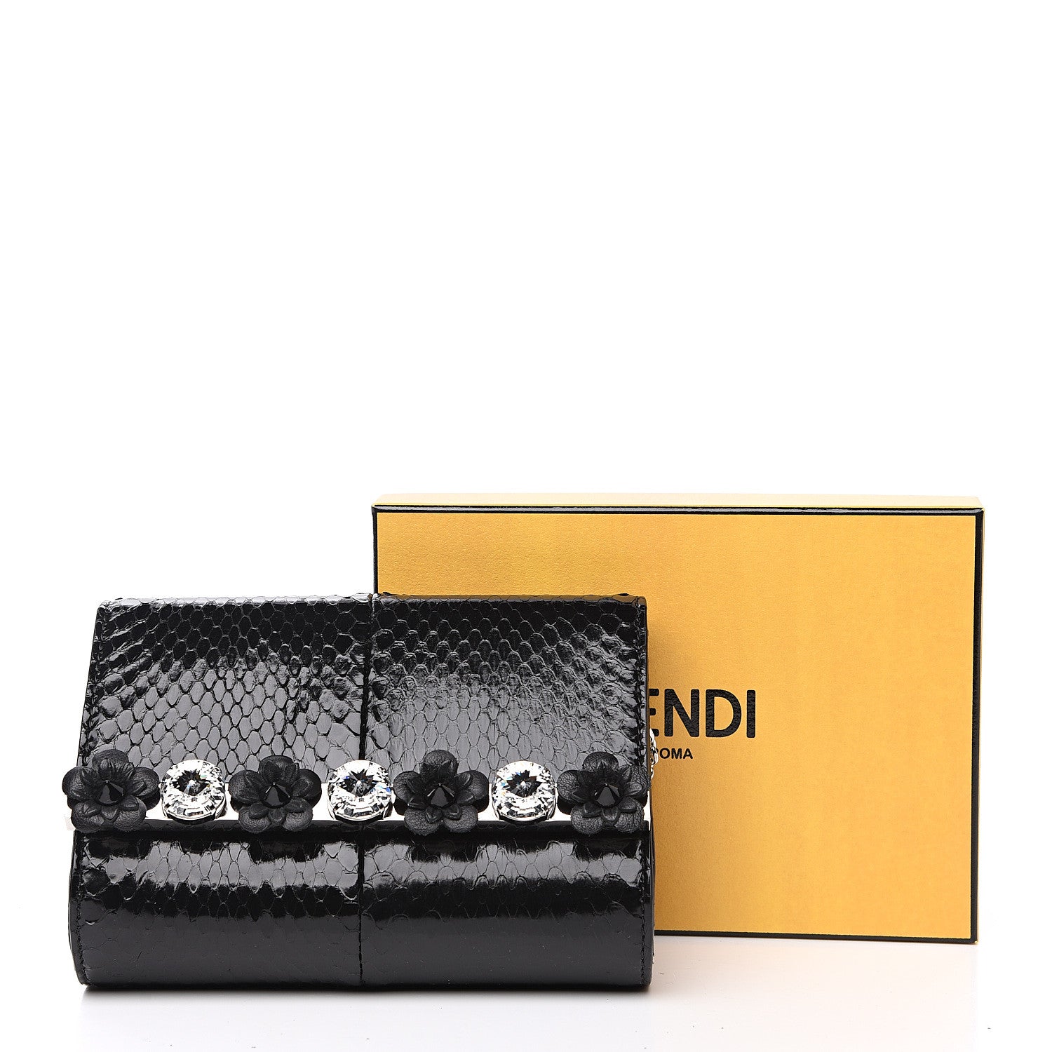 Fendi Snakeskin Crystal Flowerland Studded Mini Rush Clutch Black 10 of 10