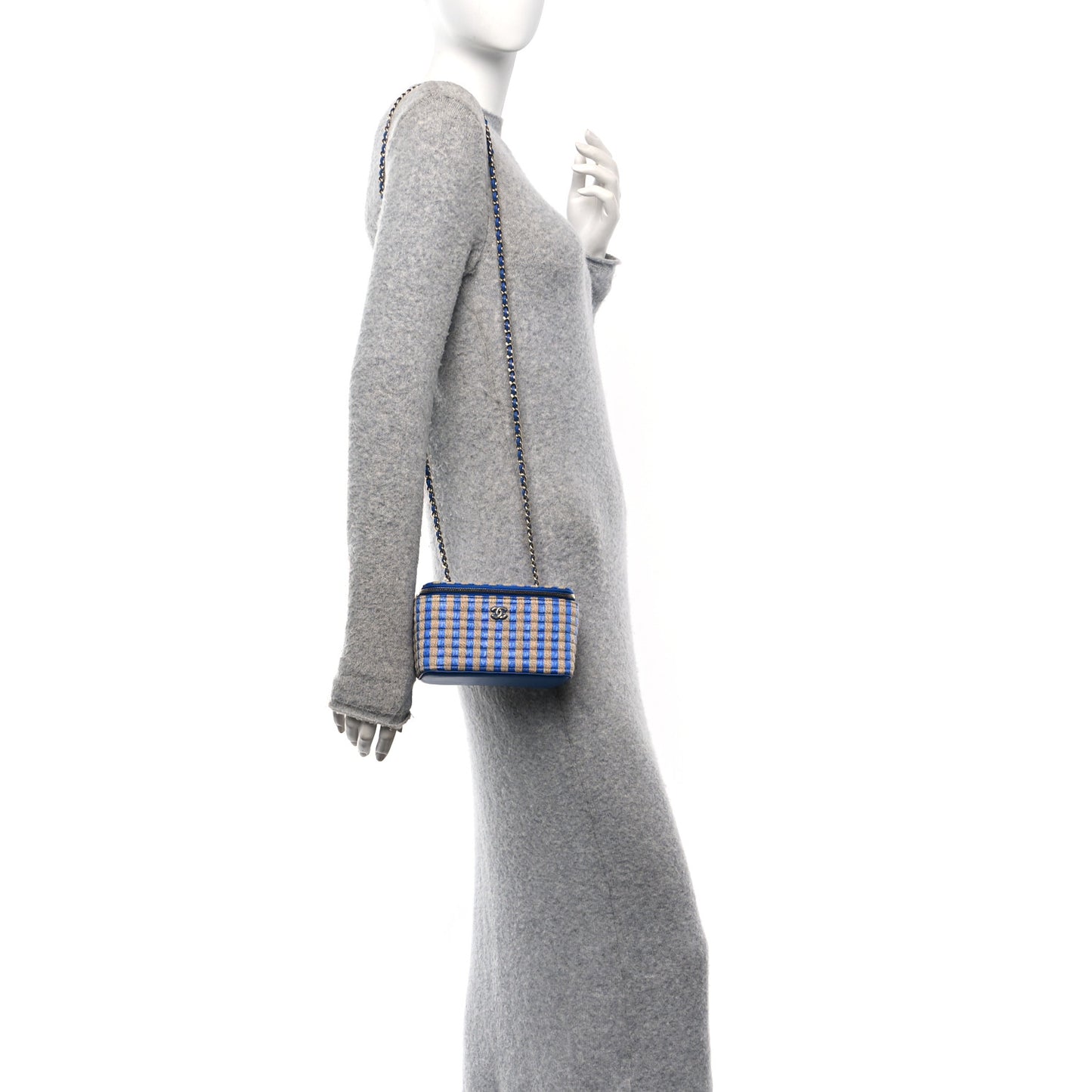 Raffia Jute Striped Small Vanity Case With Chain Blue Beige