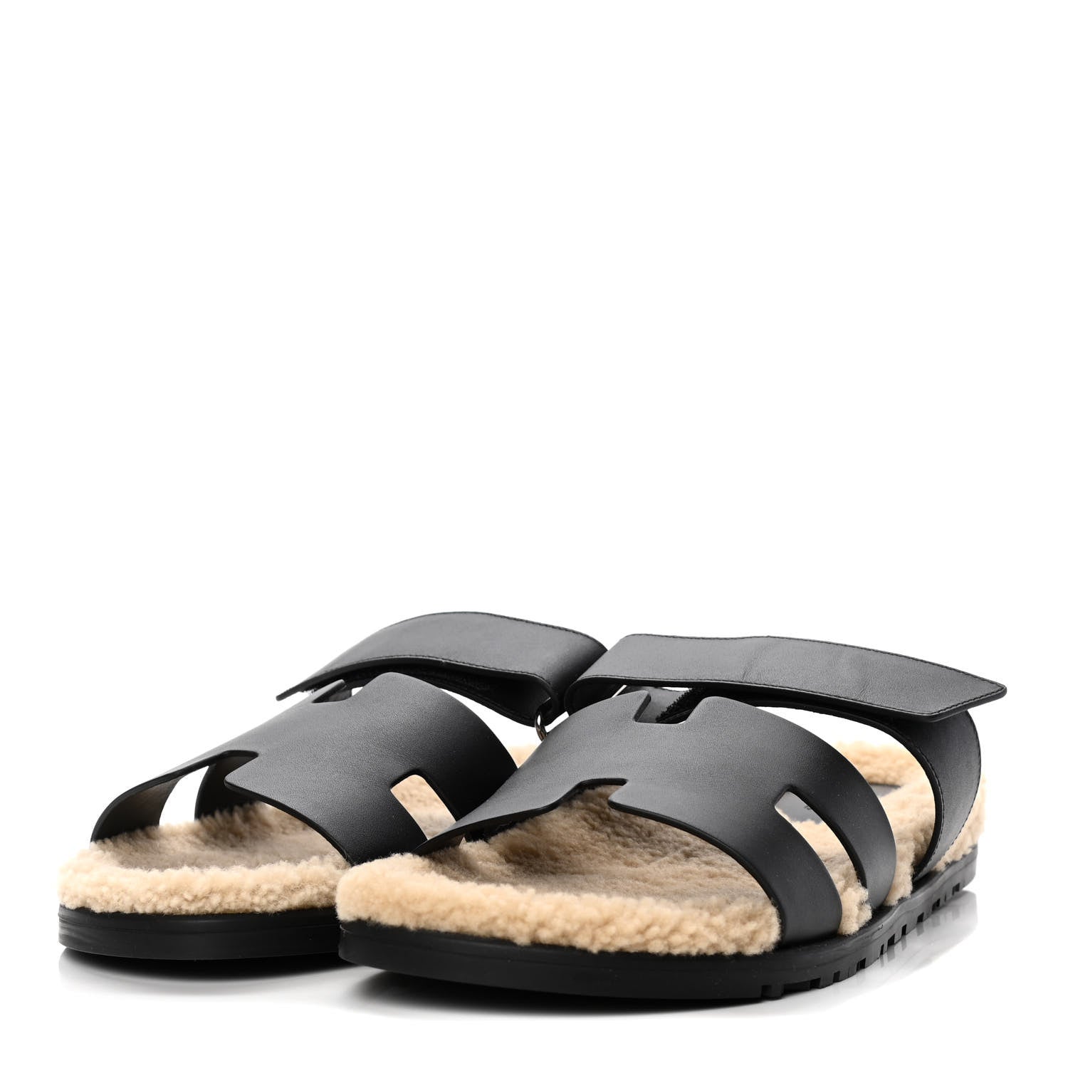 Hermes Calfskin Woolskin Mens Chypre Sandals 42 Black Ecru 3 of 9